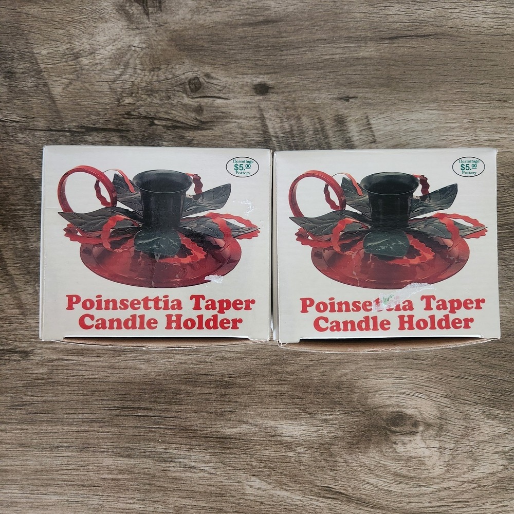 Hermitage Pottery Poinsettia Taper Candle Holder Set of 2 Vintage Metal